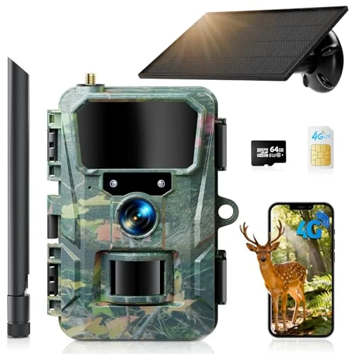 WOLFANG Fototrappola 4G con SIM e 64GB SD, 2K 48MP HD Fotocamera Solare Caccia con Batteria da 5200 mAh, Infrarossi Rilevatore di Movimento Visione Notturna IP66 Impermeabile