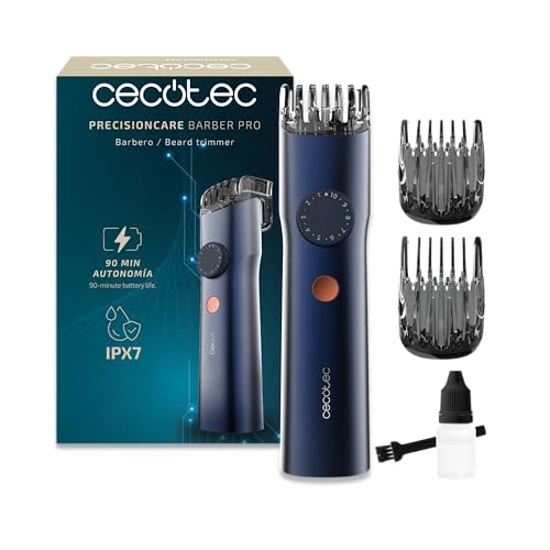 Cecotec PrecisionCare Barber Pro Maszyna do cięcia brody z japońskimi ostrzami. Stal nierdzewna, regulowane grzebienie prowadzące (0,5-20mm) z precyzyjnym kołem, bateria 90min, IPX7, wyświetlacz