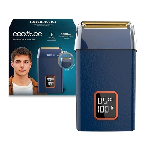 Cecotec Afeitadora Laminar con Cuerpo de Cuero PrecisionCare X-Trimm Pro. Motor 9000RPM, 3 Velocidades, Cuchillas de Titanio, Pantalla LED con% de Batería y RPM, Autonomía 2h, Tapa