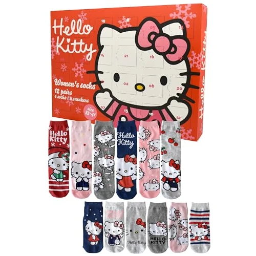 United Labels Hello Kitty Adventskalender met 12 paar sokken voor dames, maat 35-41, kalender met sneakersokken en lange sokken, kerstkalender
