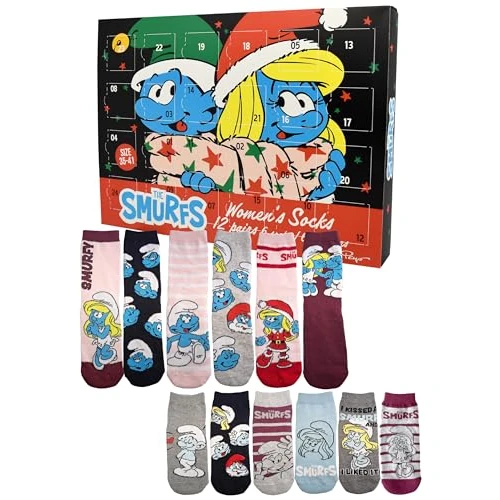 Offre limitee: United Labels Calendrier de l'Avent Schtroumpfs avec 12 paires de chaussettes pour femme, taille 35-41, calendrier avec baskets et chaussettes longues, calendrier de Noël, cadeau de 39.95 EUR a 19.95 EUR (economie 50%)