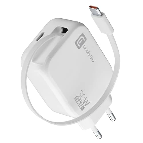 Limited-time offer: Cellularline 30W Wall Charger with Retractable 90cm USB-C Cable, GAN Technology, Dual USB-C Power Delivery, Compact for Smartphones and Tablets, White from 66.99 £ to 66.99 £ (save 0.00%)