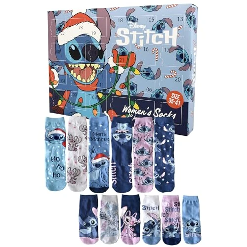 Limitiertes Angebot: United Labels Disney Lilo & Stitch Adventskalender mit 12 Paar Socken für Damen, Größe 35-41, Kalender mit Sneaker und langen Socken, Weihnachtskalender Geschenk von 39.95 EUR auf 19.95 EUR (Spare 50%)
