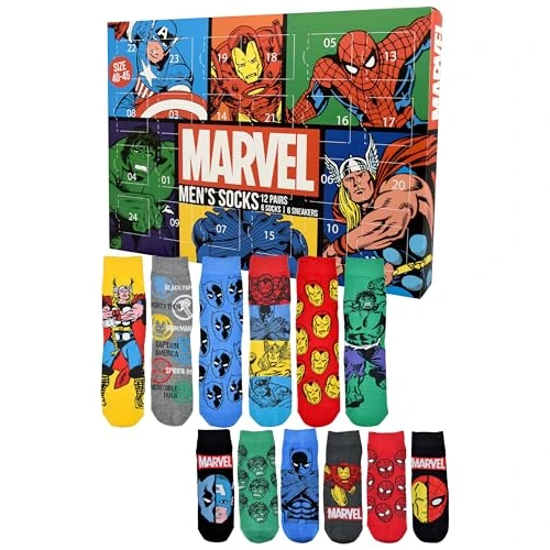 United Labels Marvel Adventskalender mit 12 Paar Socken für Herren, Größe 40-45, Kalender mit Sneaker und langen Socken, Weihnachtskalender Geschenk