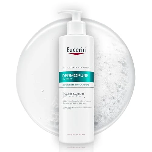 Offerta a tempo: Eucerin DermoPure Clinical Detergente Viso Tripla Azione 400 ml, Detergente schiumogeno viso anti macchie, imperfezioni e lucidità con 2% Acido Salicilico per pelle grassa e a tendenza acneica - 33% da 24.90 € a 16.62 €