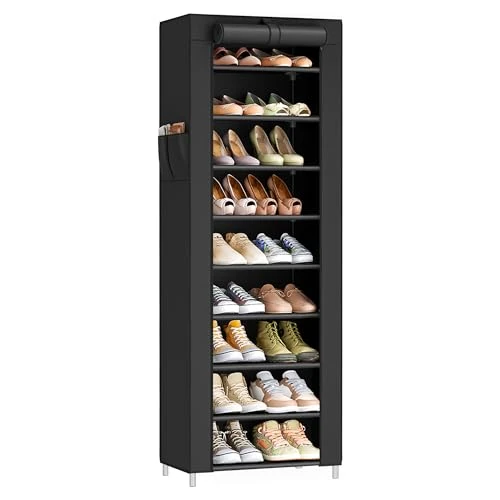 SONGMICS 10-Tier Shoes Rack with Dustproof Cover, 28 x 48 x 160 cm, Shoe Storage Cabinet, Shoe Organiser, Shoe Stand Holds 20 Pairs of Shoes, for Living Room, Hallway, Black RXJ034BH01