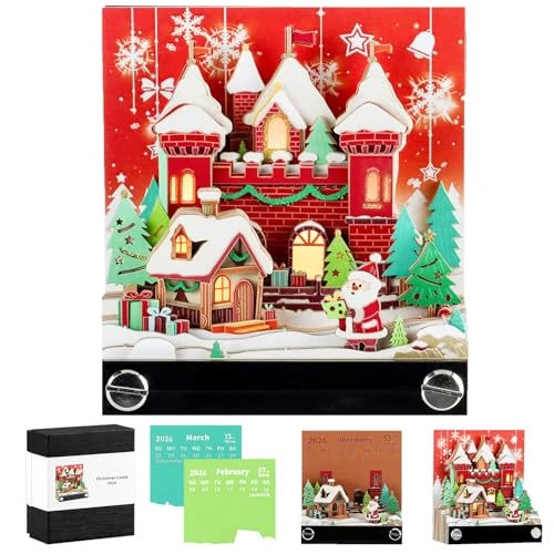 Aischens Calendrier 3D 2026 à Effeuiller, Calendrier de Bureau 3D avec LED, Sculpture en Papier 3D Memo Pad, Château Magique Bloc-notes 3D Créatif, Décoration DIY Cadeau de Noël (Cabane de neige)