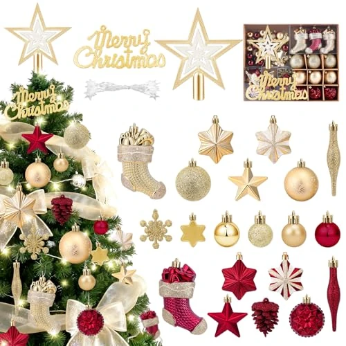 Charmofun Premium Christmas Baubles, Set of 70 Plastic Christmas Tree Baubles with LED Light, Tree Topper Star, Small Christmas Baubles, Christmas Tree Decoration for Indoor and Outdoor Use, Reusable