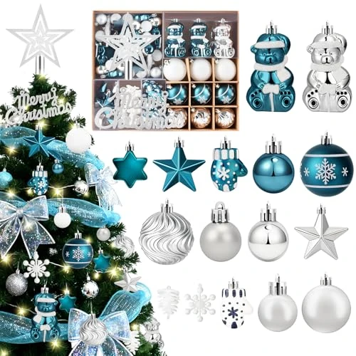 Oferta limitada: Charmofun Bolas de Navidad con Cadena de Luces LED, 70 Piezas Adornos Navidad Arbol, Adornos de Bolas Plásticas Infrangibles, Ornamentales Adornos Arbol Navidad Colgantes (Azul y Blanco Plateado) de 41.99 EUR a 9.99 EUR (ahorro 76%)