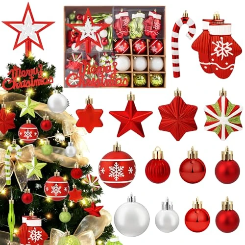 Oferta limitada: Charmofun Bolas de Navidad con Cadena de Luces LED, 70 Piezas Adornos Navidad Arbol, Adornos de Bolas Plásticas Infrangibles, Ornamentales Adornos Arbol Navidad Colgantes (Rojo, Verde y Blanco) de 41.99 EUR a 9.99 EUR (ahorro 76%)