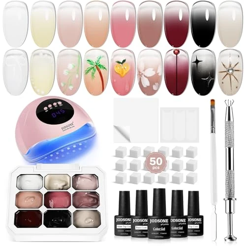 Offerta a tempo: JODSONE Set di smalti gel con 9 colori sfumati, lampada UV per unghie, 50 spugne per unghie e penna per nail art francese fai da te a casa - 52% da 32.99 € a 15.99 €