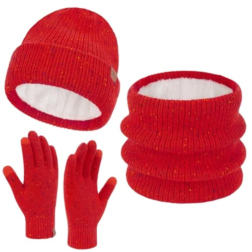 Warm Mütze Damen Winter Loop Schal Touchscreen Handschuhe Set, Gefüttert Beanie Wintermütze Strickmütze Winterschal Schlauchschal Winterhandschuhe Strickhandschuhe Frauen Geschenk, Weinrot