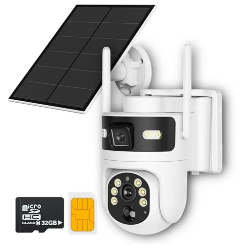 HLMNAKE 4G LTE Beveiligingscamera voor Buitengebruik met SIM-kaart en Zonne-energie, 4MP Dubbele Camera 360°+110°, Kleur Nachtzicht, PIR-persoonsdetectie en App-meldingen, Tweeweg Audio