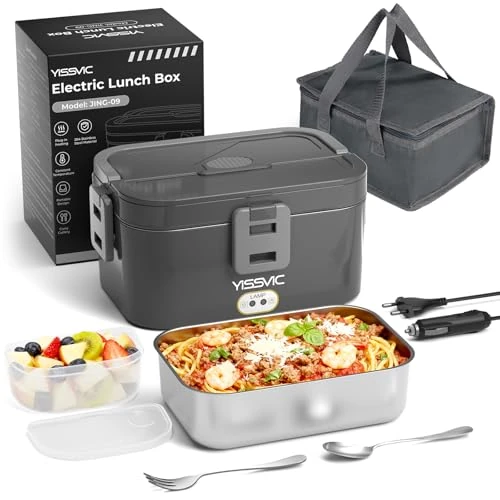 YISSVIC Scaldavivande Elettrico Portatile 1.8L 80W con Borsa Termica 4 in 1 (12V/24V/220V-240V), Acciaio Inox Riscaldamento Rapido, Forchetta e Cucchiaio Inclusi, Ideale per Auto, Ufficio, Viaggi