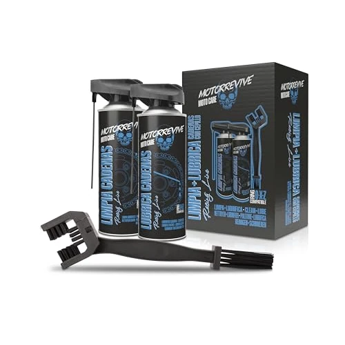 Motorrevive Pack Racing Line avec Nettoyant, Lubrifiant et Brosse pour Chaînes de Moto 500 + 500 ML. Entretien Intégral pour Motos Sportives à Hautes Performances