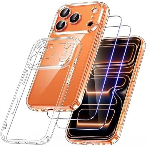 Qasyfanc Etui na aparat kompatybilne z telefonem 17 Pro z 2 szt. ochraniaczy ekranu ze szkła hartowanego, nieżółknące, odporne na wstrząsy etui na telefon, twarde etui odporne na zarysowania