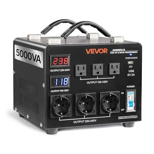 Tijdelijke aanbieding: VEVOR Transformator, 220 V naar 110 V, 110 V naar 220 V, automatische spanningsdetectie, 5000 VA met 3 Amerikaanse stopcontacten, 3 EU-stopcontacten, lcd-display, stroomkabel, UL-gecertificeerd van 104.90 € naar 104.90 € (0.00% kort