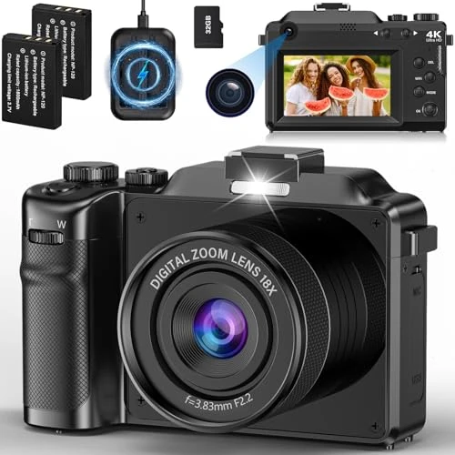 Aparat cyfrowy 4K, 64MP Autofocus Aparat fotograficzny, 18X Kompaktowy aparat fotograficzny 3'' Vlogging Camera z 32G czytnikiem kart i 2 bateriami dla początkujących