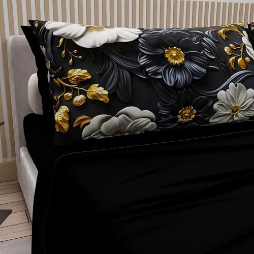 Oferta limitowana: PETTI Artigiani Italiani - Pościel z bawełny z poszewkami na poduszki z nadrukiem cyfrowym, prześcieradło wierzchnie i pół francuskie, prześcieradło wierzchnie i poniżej z gumką, kwiatowy 05 6 czarny z 238.11 zł na 39.61 zł (oszczędź 83