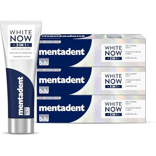 Offerta a tempo: Mentadent WHITE NOW Dentrifricio 3 IN 1 Original, Dentifricio ad Effetto Sbiancante Rapido 75 ml, Tecnologia Triple-Light™, 96% di Origine Naturale, Rimozione Macchie, Efficace e Delicato sullo Smalto - 40% da 14.99 € a 8.99 €