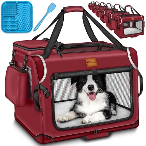 TRESKO® Cage pliable pour chien avec tapis de léchage, spatule et réflecteurs, taille S 50 x 34 x 34 cm, caisse de transport pour chiens et chats, caisse de transport en voiture pour petits et grands