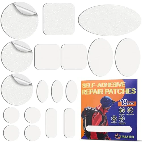 Offre limitee: Patch Réparation Doudoune Blanc, 18 Pièces Tissu Autocollant Reparation en Nylon, Patch Autocollant Textile imperméable, Kit de Réparation de doudoune Pour Vestes, Tente, sacs à dos de 9.99 EUR a 9.99 EUR (economie 0%)
