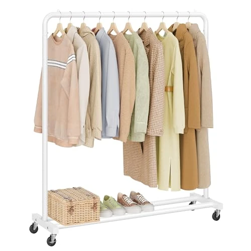 SONGMICS Wieszak na ubrania z kółkami, osły ubrania mobilne, 2 kółka z hamulcem, do sypialni, obciążenie 50 kg, 38 x 110 x 141,5 cm, biała chmura HSR016WG01