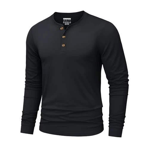 TACVASEN Men's Long Sleeve T Shirt Henley Shirt Mens Cotton Casual Grandad Shirts Classic Plain Basic Tops for Work Golf Black 3XL
