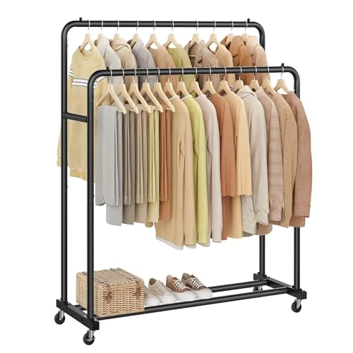 SONGMICS Wieszak na ubrania z kółkami, osły ubrania mobilne, 2 kółka z hamulcem, do sypialni, obciążenie 90 kg, 46,5 x 110 x 155,5 cm, czarny tusz HSR017BH01