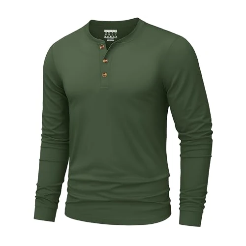 TACVASEN Męska koszulka z długim rękawem Henley koszula na co dzień bawełniana koszula dziadka klasyczna jednokolorowa podstawowe topy z 3-Botton, Zielony wojskowy, M
