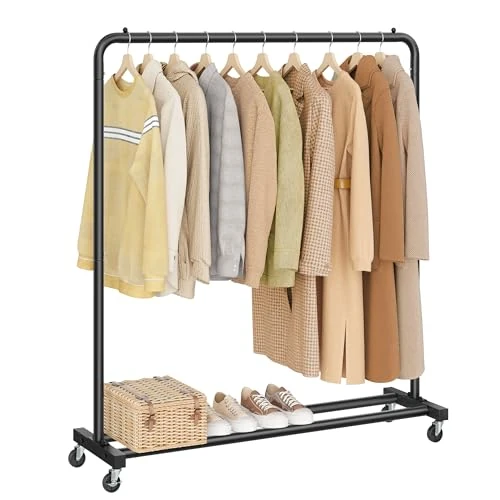 SONGMICS Kleiderständer, Kleiderstange auf Rollen, Garderobenständer, 2 Rollen mit Bremse, Schlafzimmer, bis 50 kg belastbar, 38 x 110 x 141,5 cm, tintenschwarz HSR016BH01