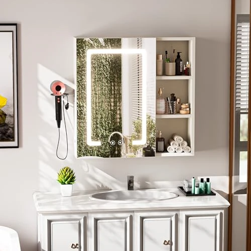 Offerta a tempo: ChromaCasa Specchio Bagno Contenitore con 3 Colori Luce, Armadio Specchio Bagno con Deumidificazione con 1 Tocco e Funzione di Memoria & con Mensola Regolabile(60x60x15 cm,Bianco) - 17% da 76.95 € a 63.95 €