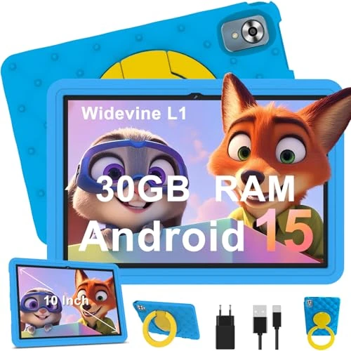 DMOAO Tablet voor kinderen, 10 inch, Android 15 met 30 GB RAM, 5G Wi-Fi 6, 64 GB ROM (2 TB), kinderbediening, Octa-Core, 8 MP + 5 MP, 6000 mAh, EVA-beschermhoes + 360° draaibare standaard, blauw