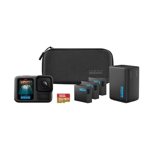 Offerta a tempo: GoPro HERO13 Black Extended Power Bundle - Include caricabatteria doppio, 3 batterie Enduro, scheda microSD da 64 GB, supporto adesivo curvo e custodia per fotocamera - 24% da 519.99 € a 395.00 €