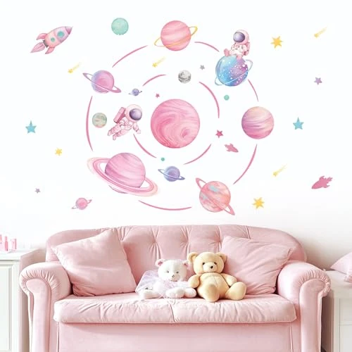 Offerta a tempo: fufuquare Adesivi da Parete Pastello Rosa Spazio Esterno Decalcomanie Murali con Pianeta Razzo e Astronauta, Adesivi Murali Rimovibili per Camera da Letto della Ragazza Camera dei Bambini - 42% da 9.61 € a 5.54 €