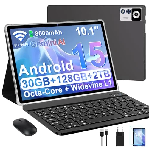Offerta a tempo: ZIOVO Tablet 10 Pollici Android 15 Tablets,30GB RAM+128GB ROM(TF 2TB),5G WiFi Tablets,Octa-Core 2.0 GHz/Gemini AI/Widevine L1/8000 mAh/BT 5.0/GPS/Face ID/2 in 1 Tablet con Tastiera e Mouse - Nero - 60% da 299.99 € a 119.98 €