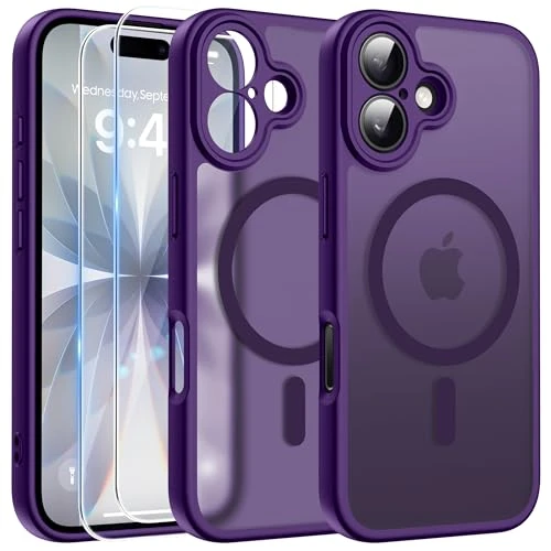 FLLAO Magnetica Cover per iPhone 17 e 2 Pellicole in Vetro Temperato, Custodia iPhone 17 Compatibile con Magsafe, Traslucida Opaca Posteriore Sottile Antiurto Protettiva Case, Viola Scuro
