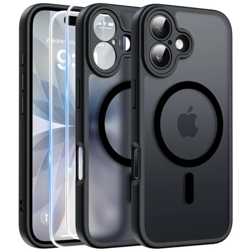 Etui magnetyczne FLLAO 3 w 1 do iP17 z podwójną osłoną ekranu HD, smukła, odporna na wstrząsy ochrona przed upadkami na poziomie wojskowym, półprzezroczysta, matowa, twarda tylna obudowa, czarna