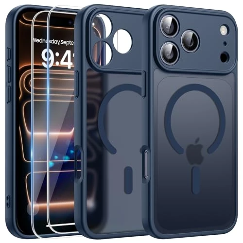 FLLAO 3-in-1 magnetische hoes voor iPhone 17 Pro Max met 2x HD schermbeschermer, compatibel met Magnet, slank schokbestendig valbescherming, lichtdoorlatend, mat hard achterbumperhoesje, blauw