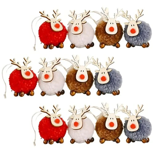 CHUANFU 12 Pieces Wooden Christmas Ornaments Elk Felt Pendant with Twine Christmas Tree Pendants for Holiday Home Decoration