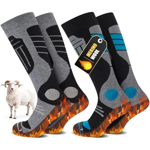 SukModen 2 Paires Chaussettes Ski Laine de Mérimée Pour Dames et Messieurs, Thermiques Chauffantes, D'Hiver Épaisses Pour Temps Froid, Neige, Ski, Snowboard, Chasse, Randonnée​