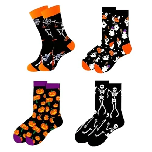 EIH1 4 Pairs Pumpkin Ghost Skull Pattern Halloween Socks Long Cotton Socks Printed Fashion Colorful Funny Designs for Men Women