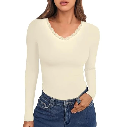 Crewhpo Women's Long Sleeve Basic Tunic Top with Lace V-Neck Blouses T-Shirt Classic Elegant Casual T-Shirts, blanco 1 (white), M