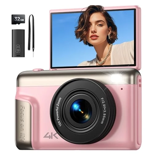 Limitiertes Angebot: Digitalkamera 4K Fotokamera 64MP Kamera: Vlogging Fotoapparat für Videos mit 3" Klapp-Bildschirm Tragbare Batterie Kompaktkamera mit 16X Digitalzoom 32GB Karte für Kinder Anfänger Studenten (Rosa) von 109.99 EUR auf 66.49 EUR (Spare 40%)
