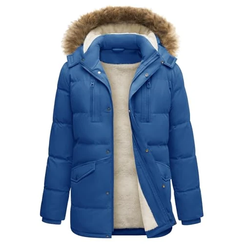 heekpek Męska kurtka zimowa długie płaszcze ciepła parka z kapturem wodoodporna outdoorowa wyściełana polarem kurtki, NIEBIESKI, S