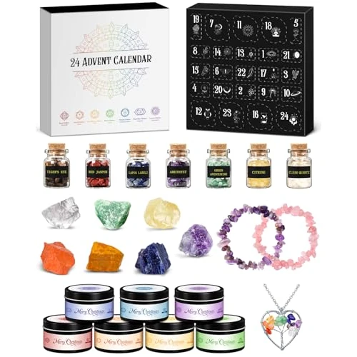 Kalendarz adwentowy ze świecami 2025 z kryształami kamieni szlachetnych, świeca zapachowa, zestaw upominkowy dla kobiet, duchowy kalendarz bożonarodzeniowy z kamieniami leczniczymi, dekoracja