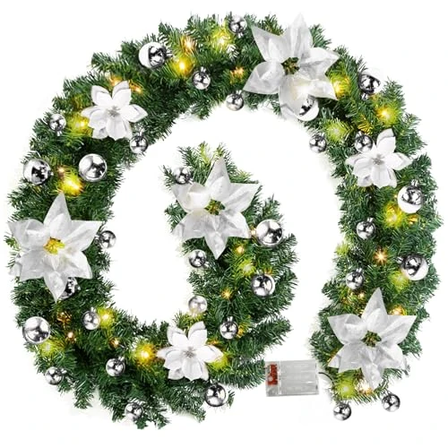 Oferta ograniczona: Girlanda bożonarodzeniowa z oświetleniem, sztuczna choinka, srebrna, 2,7 m, 50 diod LED, dekoracja bożonarodzeniowa, girlanda na schody, kominek, drzwi wejściowe (2,7 m/srebrna) z 9.99 EUR na 9.99 EUR (znizka 0%)