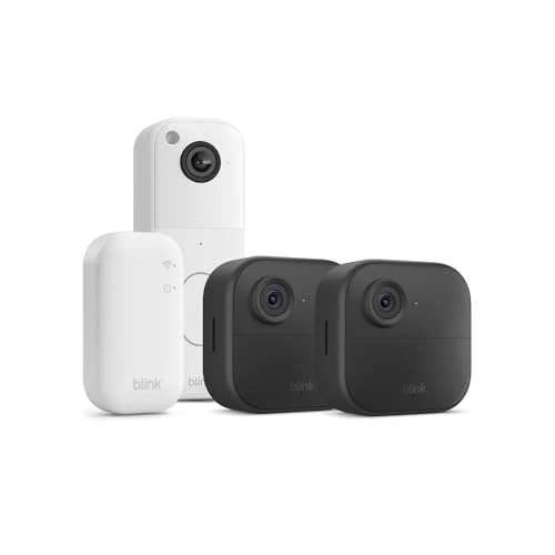 Nuova videocamera Blink (Outdoor 4) + videocitofono supplementare Blink (bianco) | Videocamera di sicurezza smart HD wireless | Sistema a 2 telecamere con Sync Module Core incluso | IP65