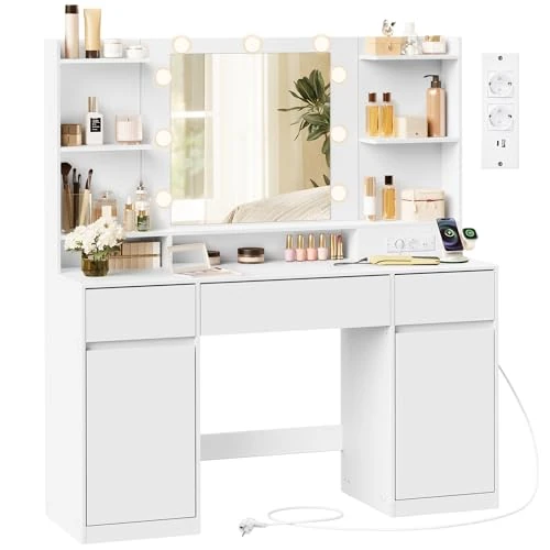 VASAGLE Kailyn Collection – Dressing Table with LED Mirror, Strip, 2 Cabinets, 9 Dimmable Bulbs, 3 Colour Lighting, Tool-Free Assembly, Cloud White RDT142WB02