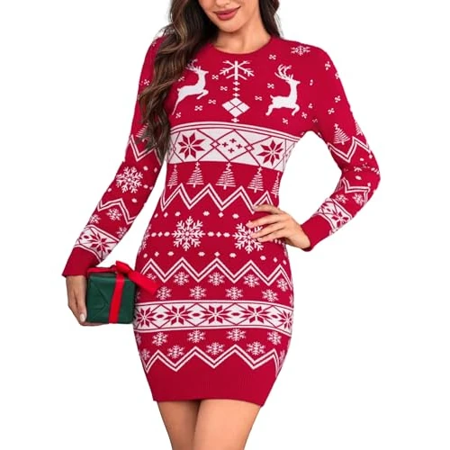 Aottori Wintertrui-jurk voor dames, gebreide trui-jurk, lange mouwen, coltrui, tops, 06-Rood, M